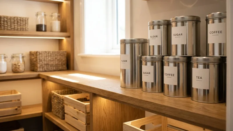 A woman smiling at her phone in a bright kitchen, representing financial relief.