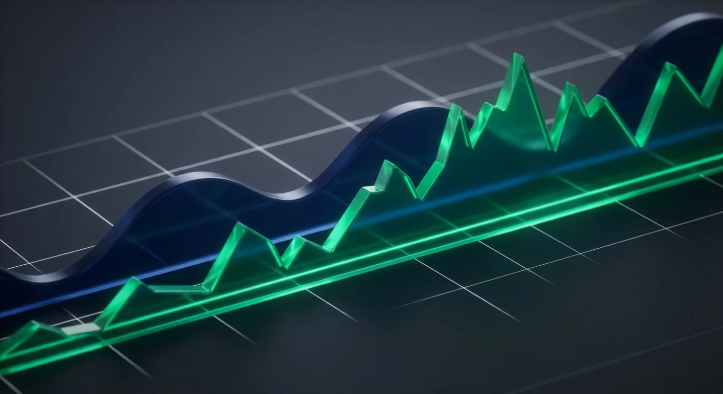 3D graph showing a steady blue line and a volatile green line representing stock performance.