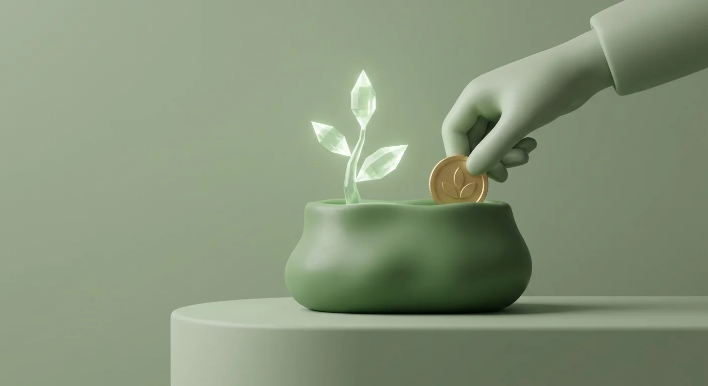 A 3D hand planting a coin in a growing plant, symbolizing bull market strategy.