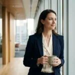 A professional woman looking out a bright office window, symbolizing a fresh start and financial planning.