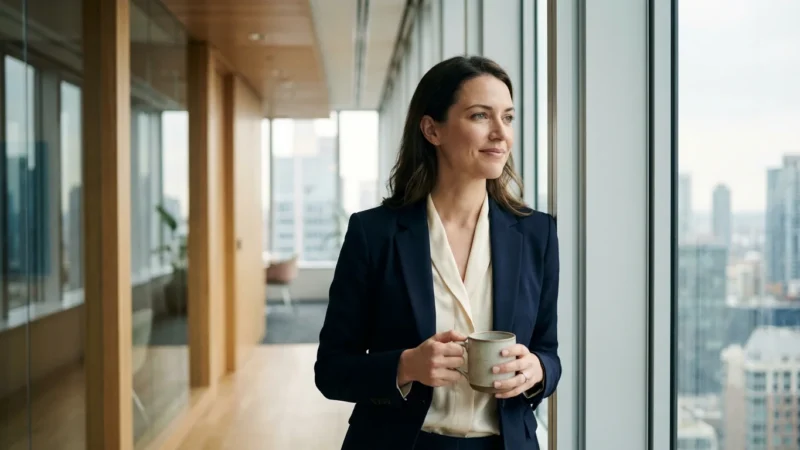 A professional woman looking out a bright office window, symbolizing a fresh start and financial planning.