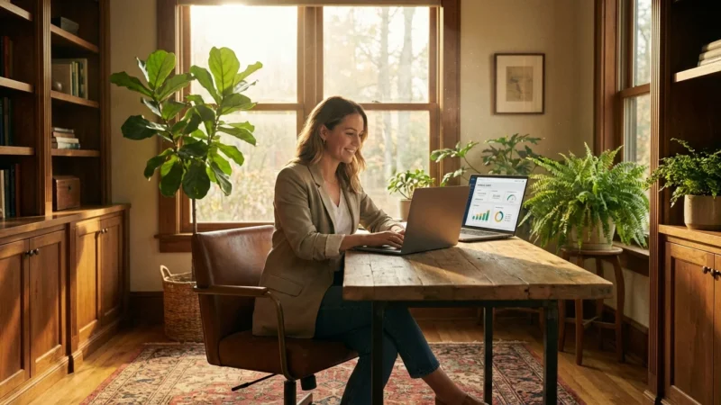 A person smiling confidently while looking at a laptop in a bright, modern home office.