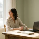 A woman smiling at her laptop in a bright, sunlit kitchen, representing financial freedom.