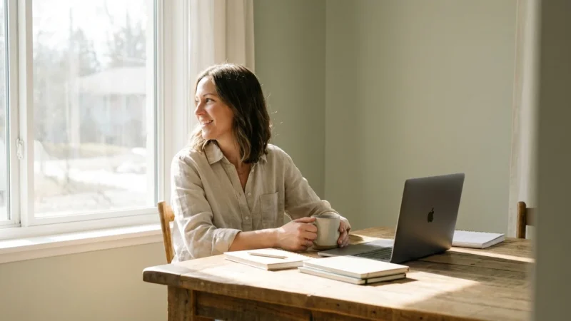 A woman smiling at her laptop in a bright, sunlit kitchen, representing financial freedom.