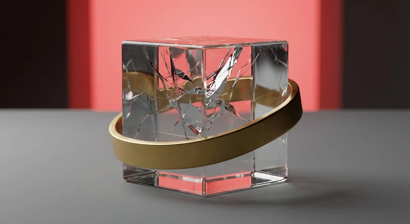 A 3D glass block with a crack being reinforced by a gold frame.