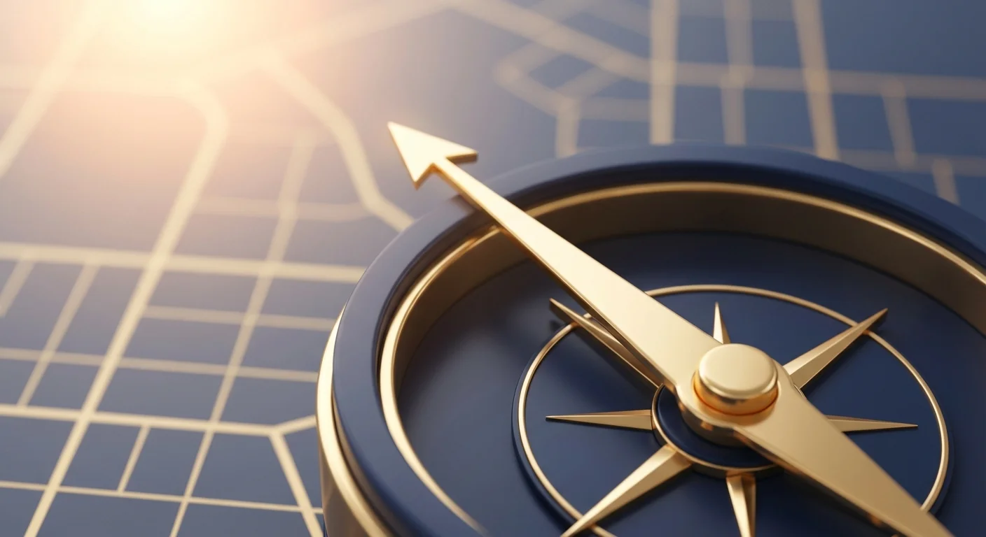 A 3D gold compass pointing the way on a minimalist map background.