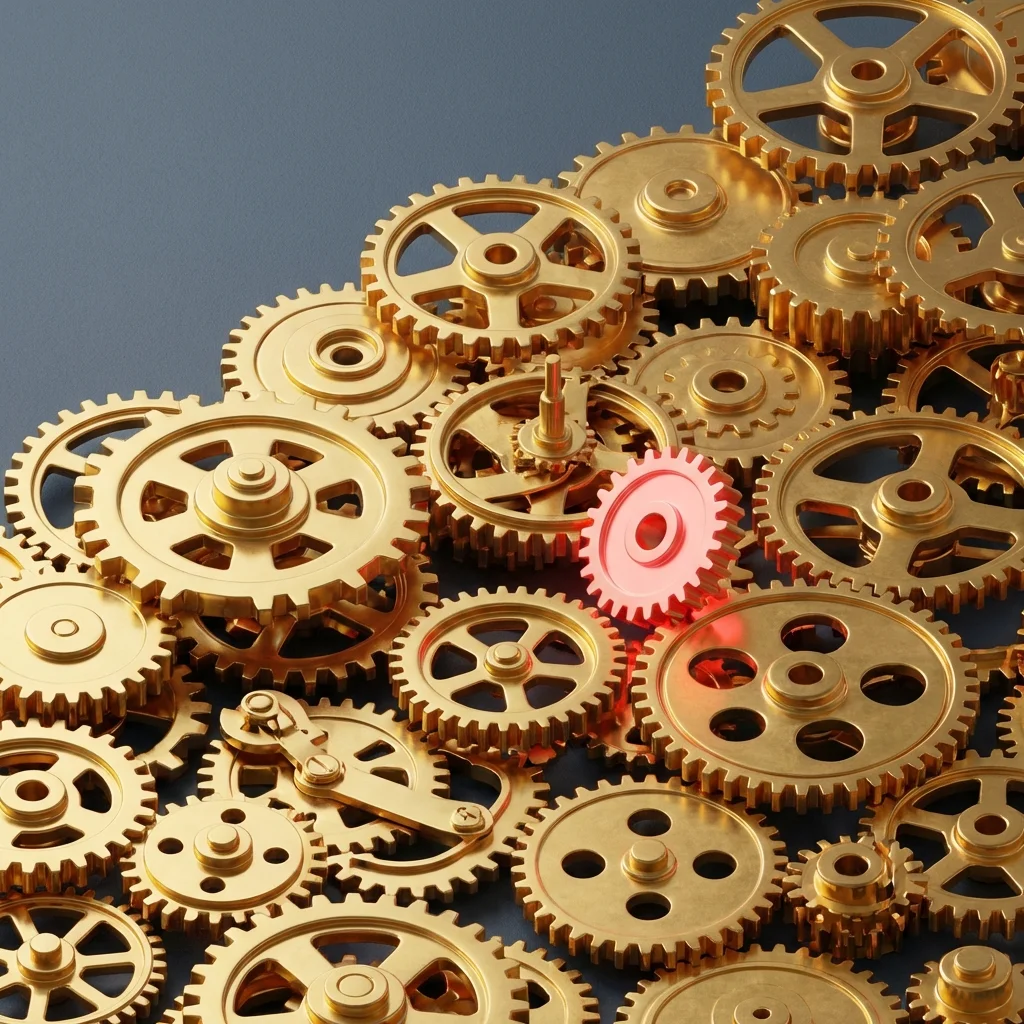 A 3D isometric gear system with one misaligned red-glowing gear, representing financial errors.