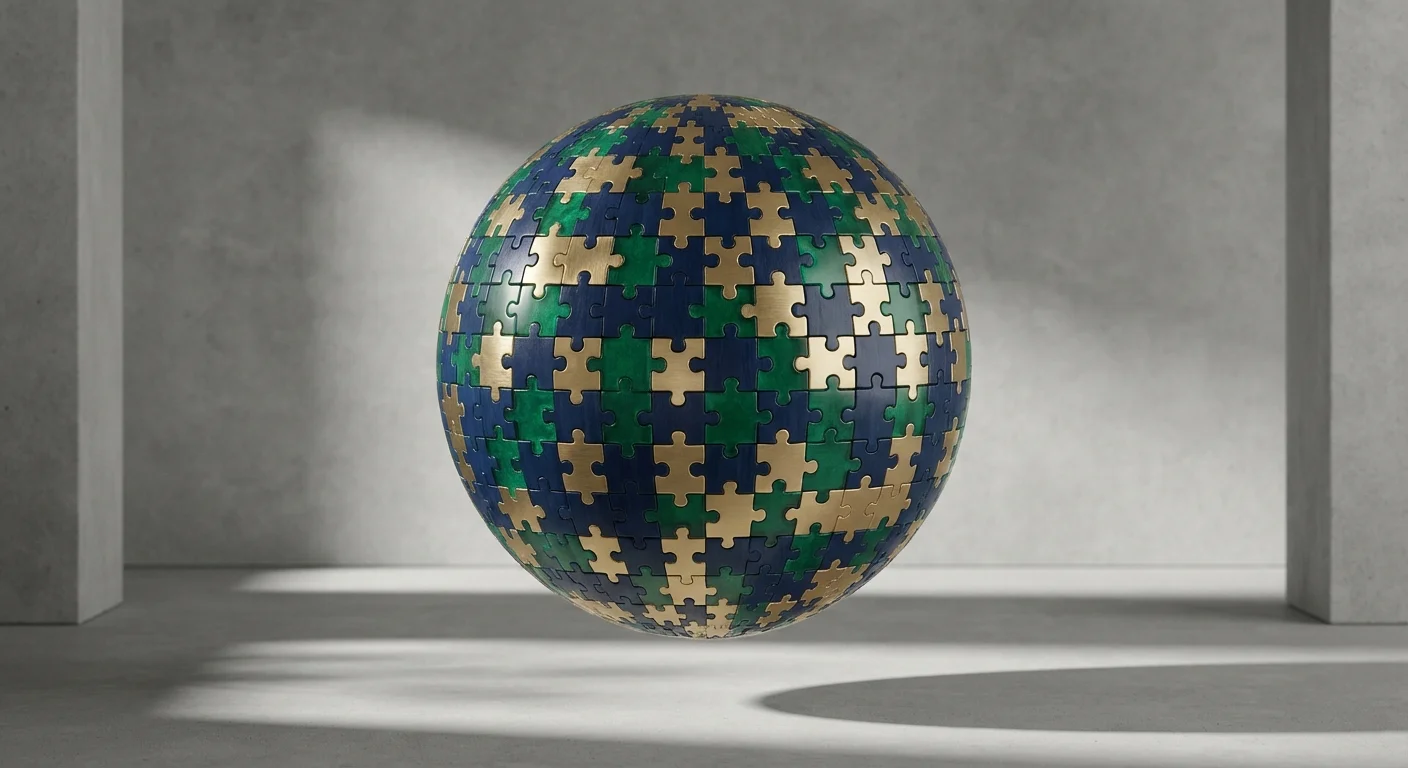 A 3D sphere made of blue, green, and gold puzzle pieces perfectly joined together.