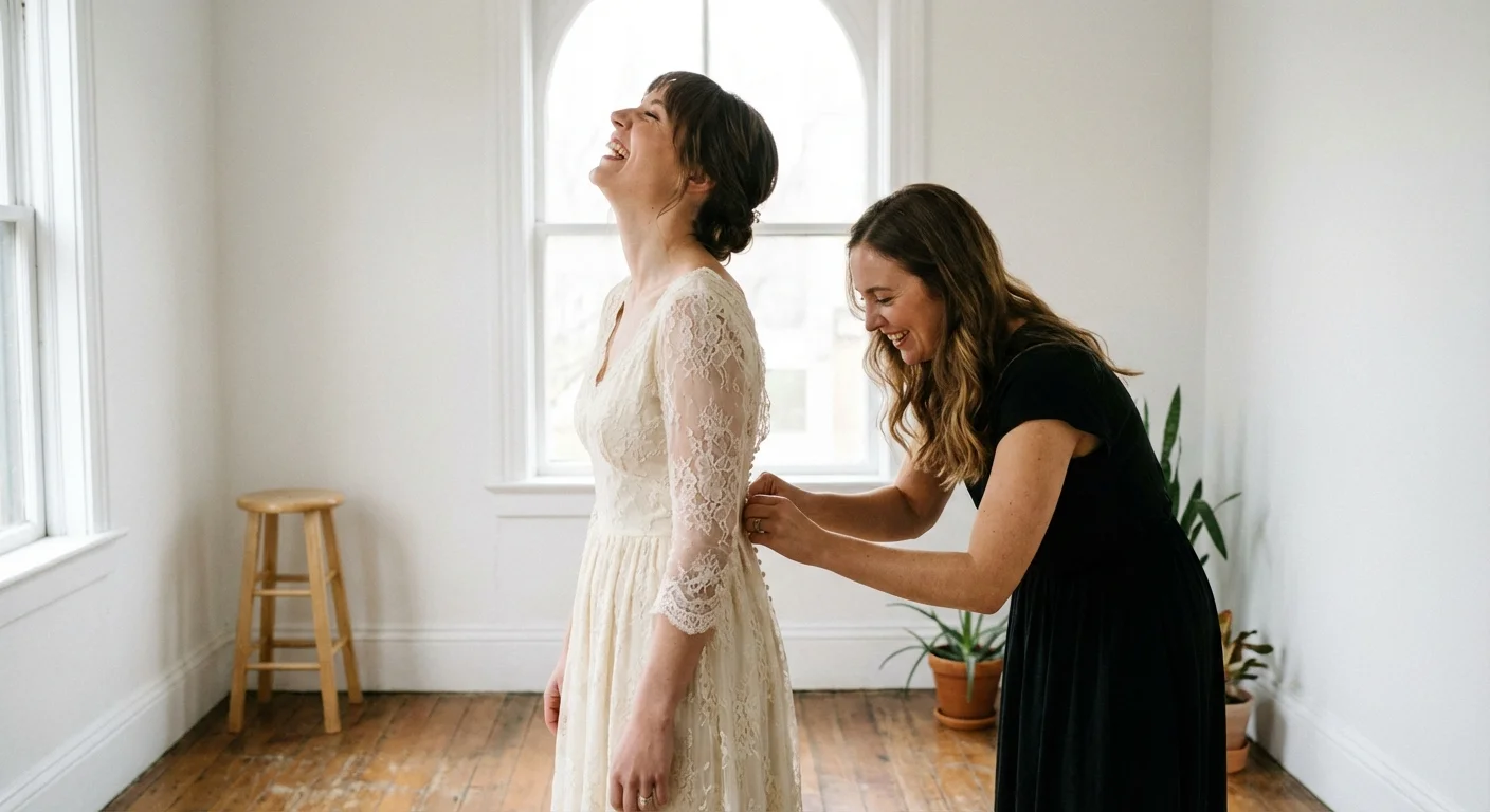 A bride wearing a vintage wedding dress being helped by a friend.