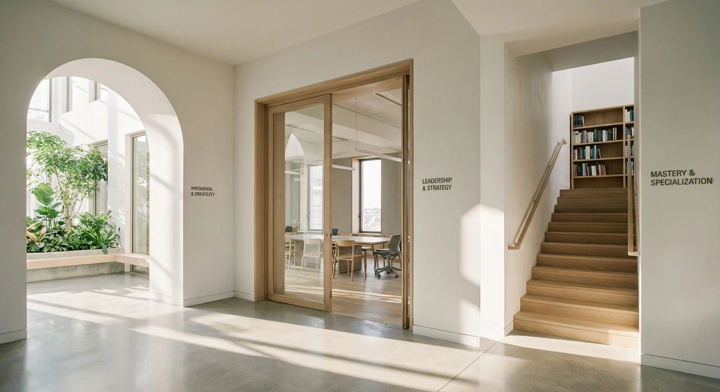 A bright office hallway showing three distinct architectural paths bathed in sunlight.