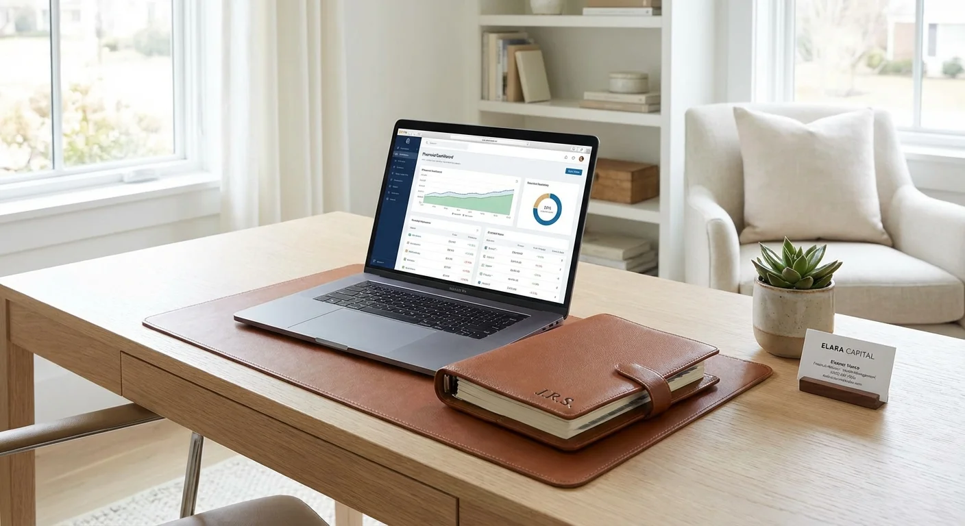 A clean, professional desk setup with a financial advisor's card.