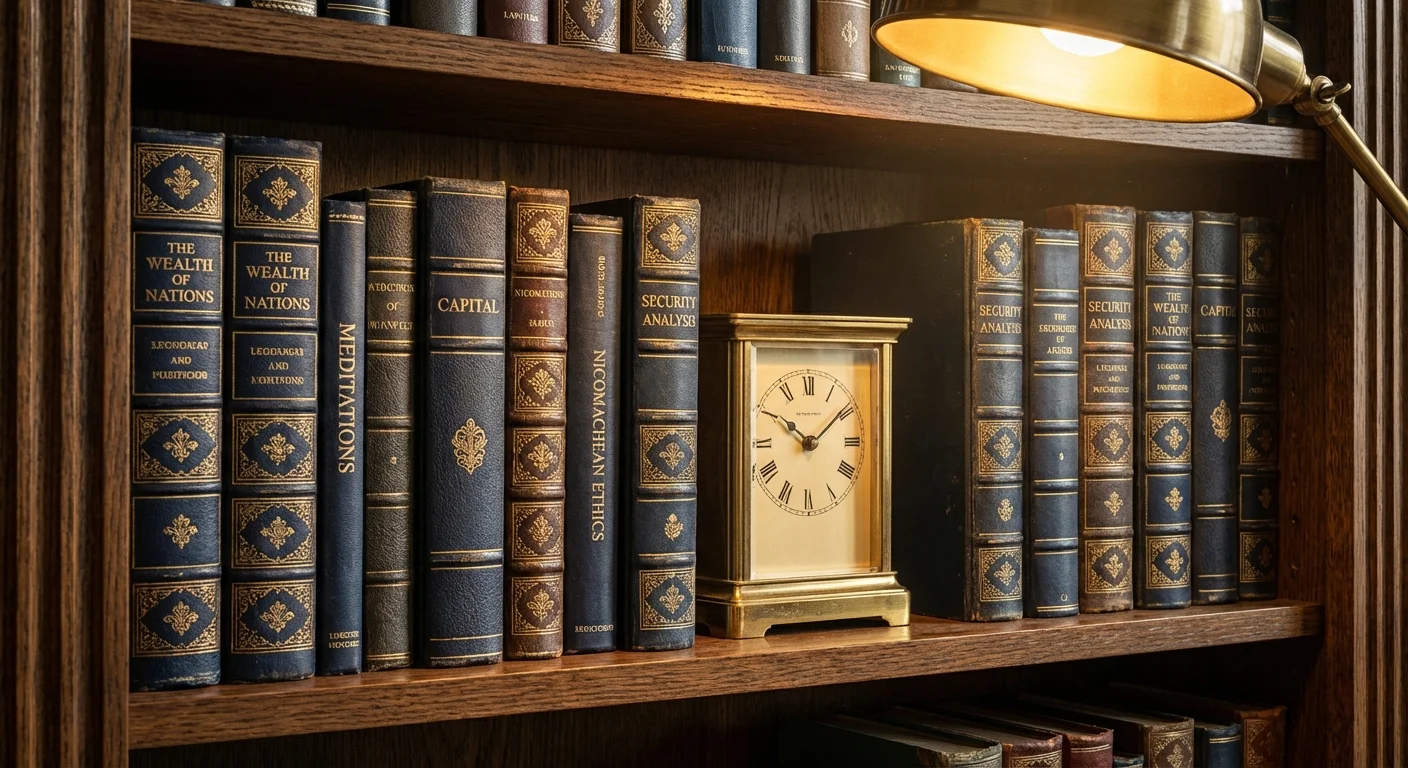 A close-up of a bookshelf with classic books, symbolizing timeless financial wisdom.