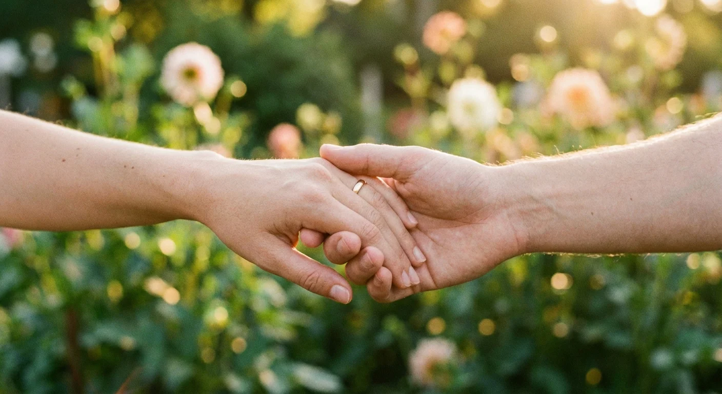 A close-up of a couple's hands with simple wedding rings.