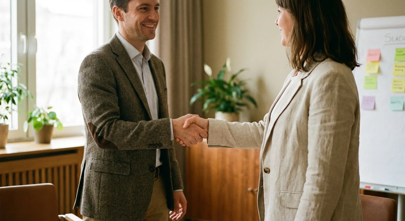 A close-up of a friendly handshake in a bright, professional setting.