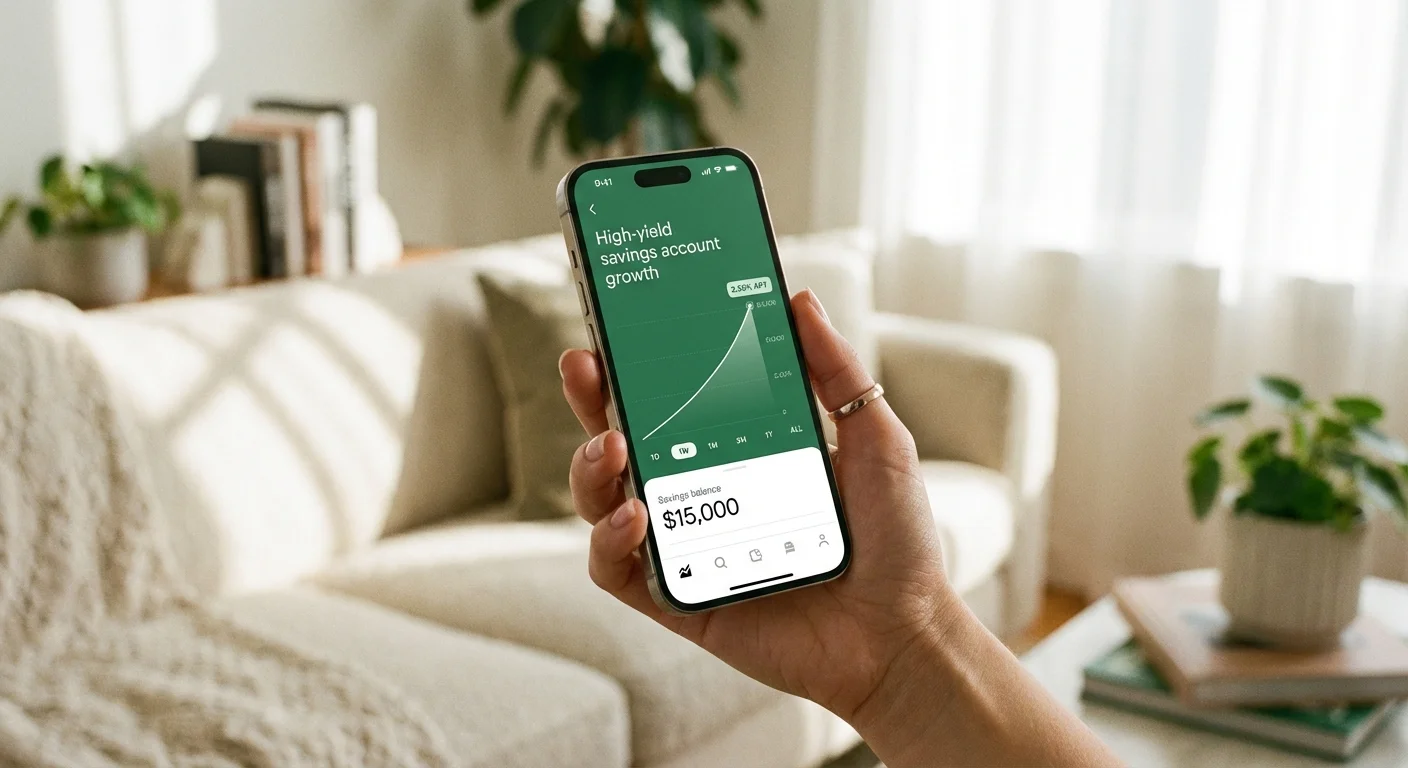 A close-up of a smartphone screen showing a rising financial growth chart in a high-yield savings account.