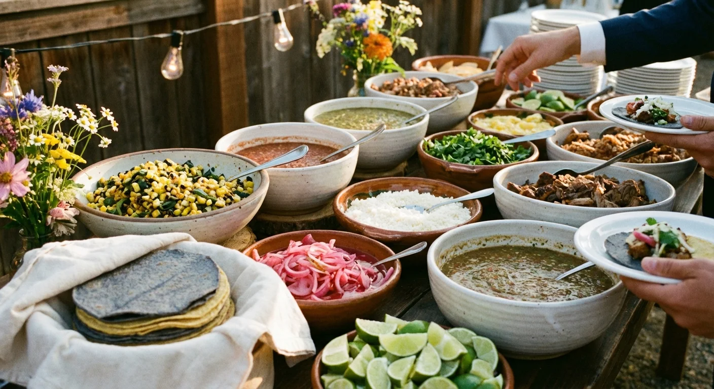 A colorful and appetizing DIY taco bar at a wedding reception.