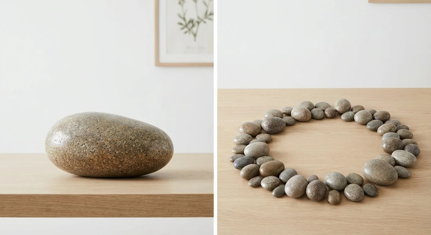 A comparison between one large stone and several smaller stones on a clean surface.