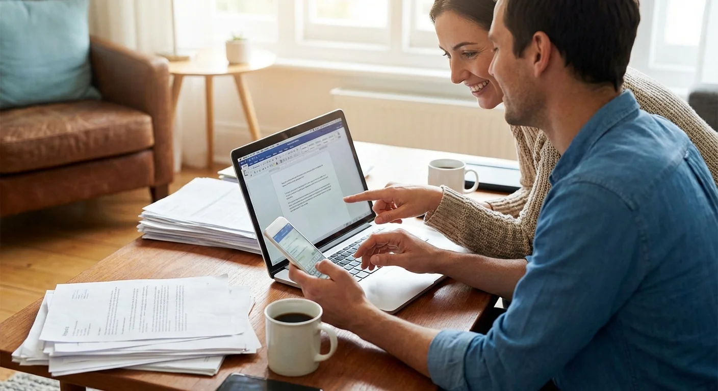 A couple collaborating and looking at a laptop and phone screen together.