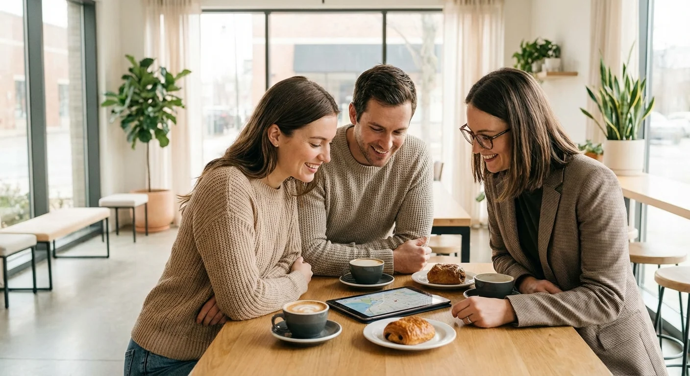 A couple discussing wedding plans with a consultant in a bright cafe.