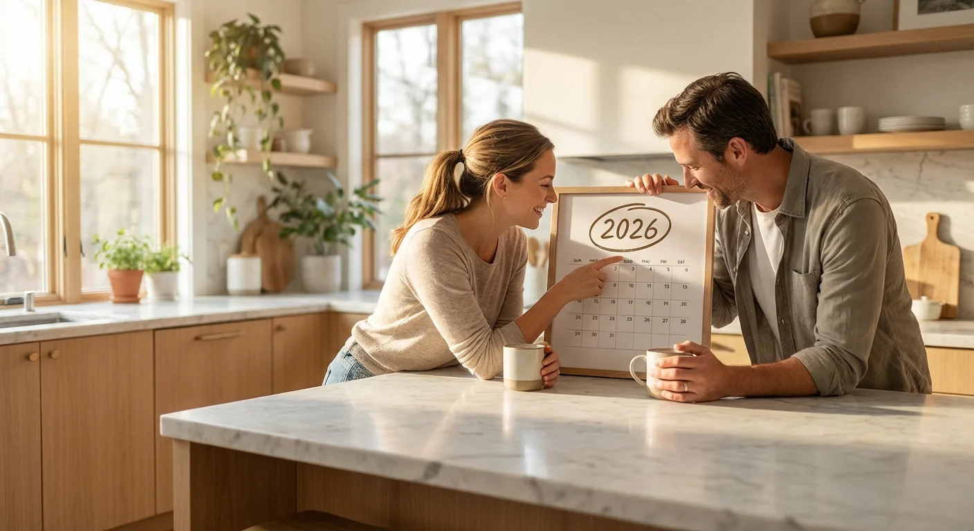 A couple looking at a future date on a calendar in a bright kitchen.