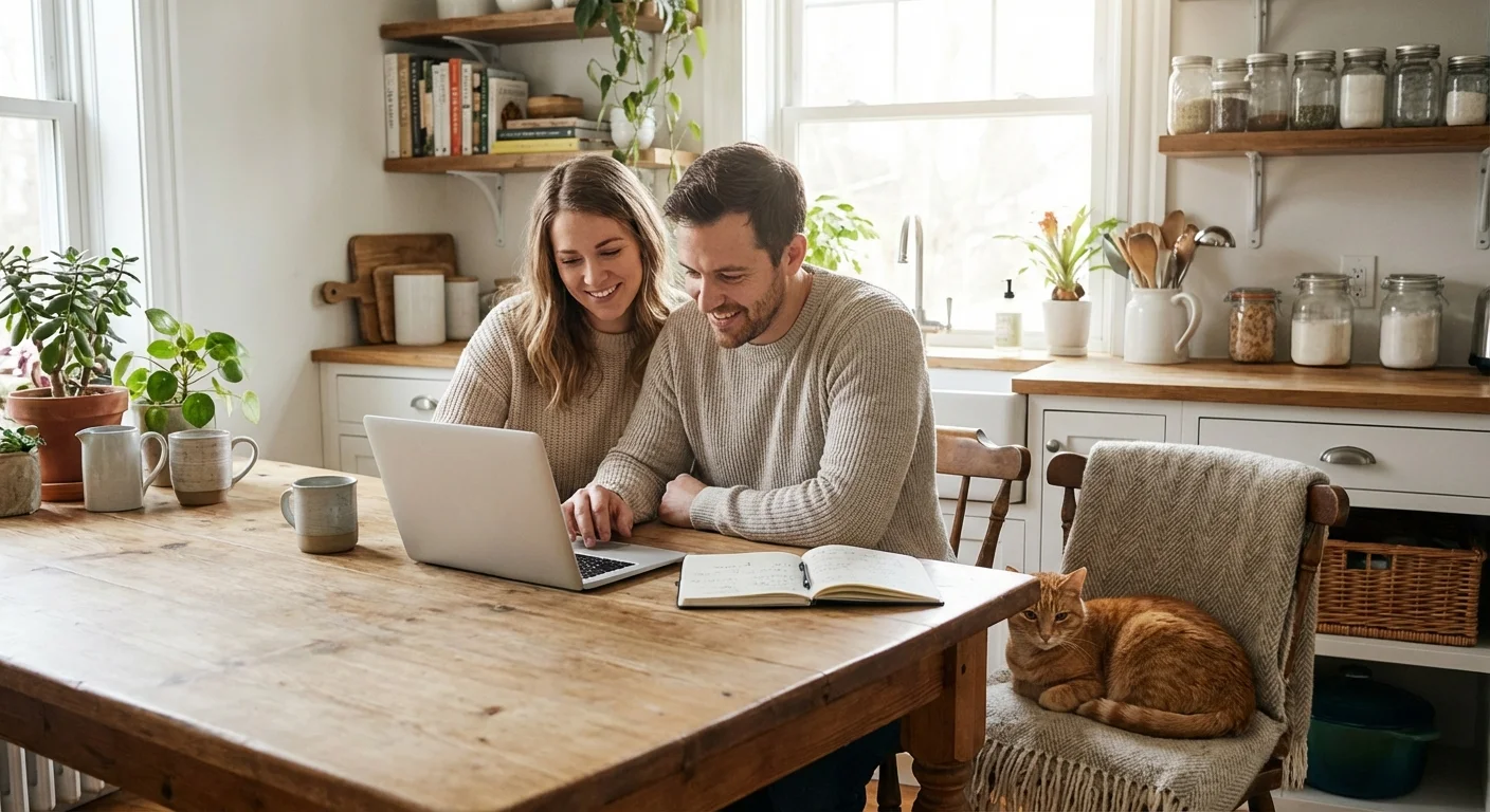 A couple planning their finances at a kitchen table with their cat.