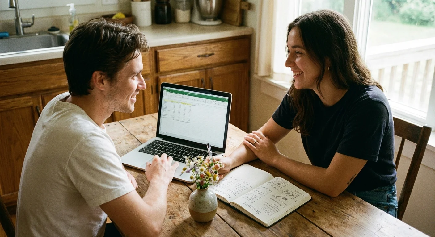 A couple planning their wedding budget together at a sunlit kitchen table.