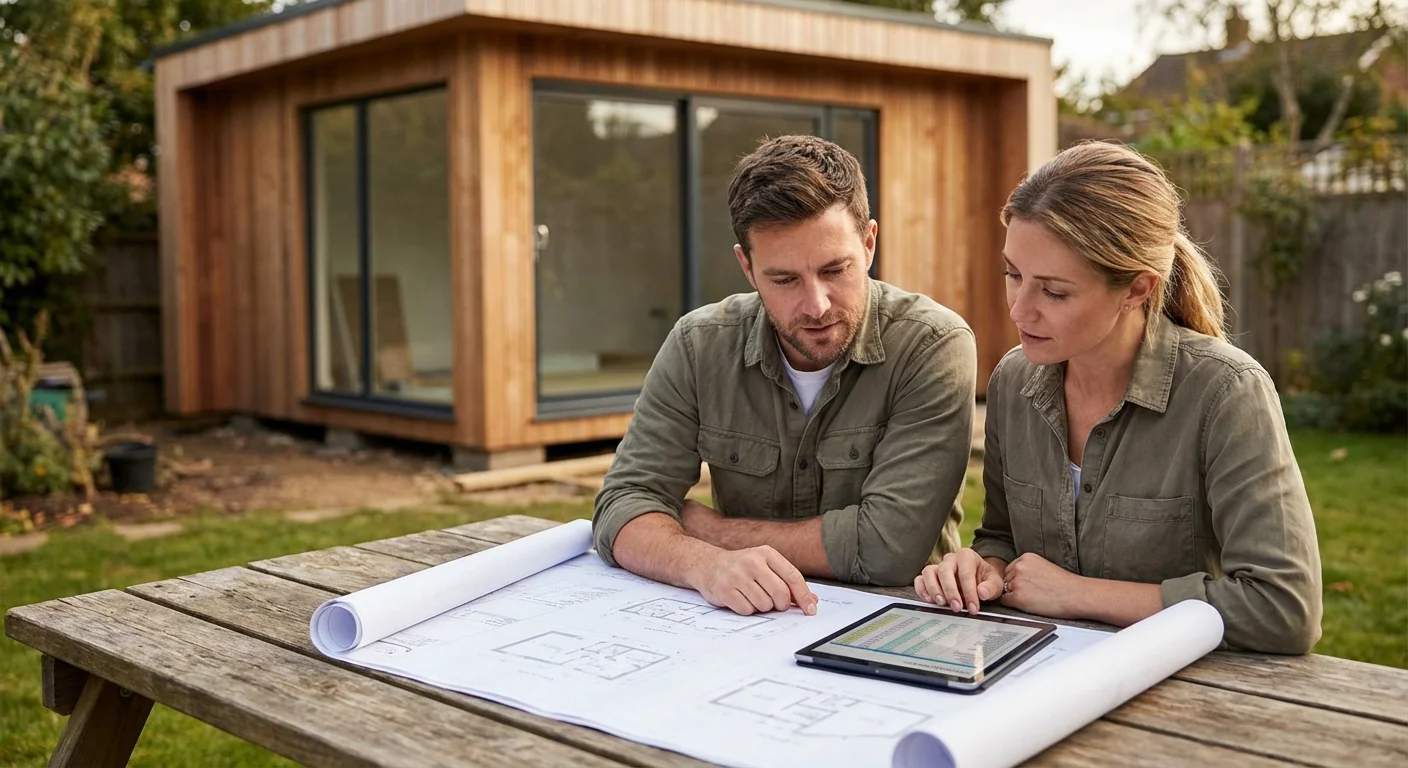A couple reviewing blueprints and financial data for a home project.