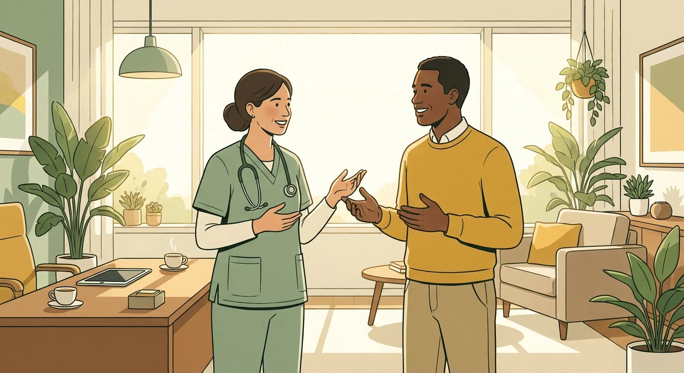 A doctor and patient having a calm discussion in a modern medical office.