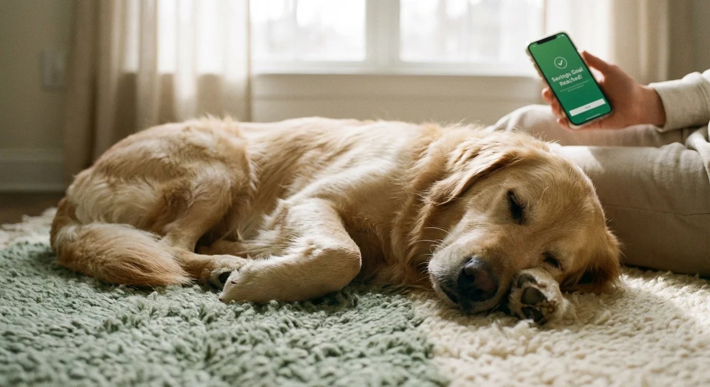 A dog sleeping peacefully next to a phone showing a reached savings goal.
