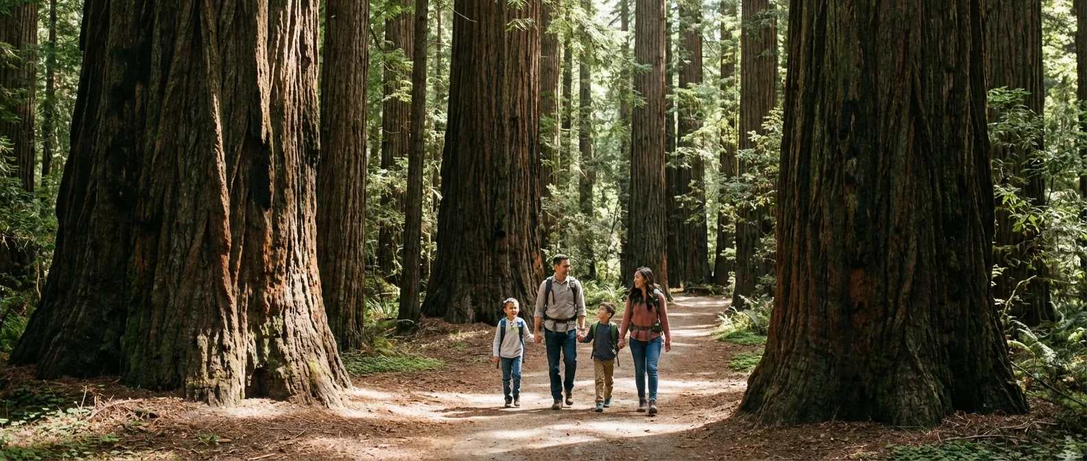 A family walking through a mature forest, symbolizing long-term investment strategies.