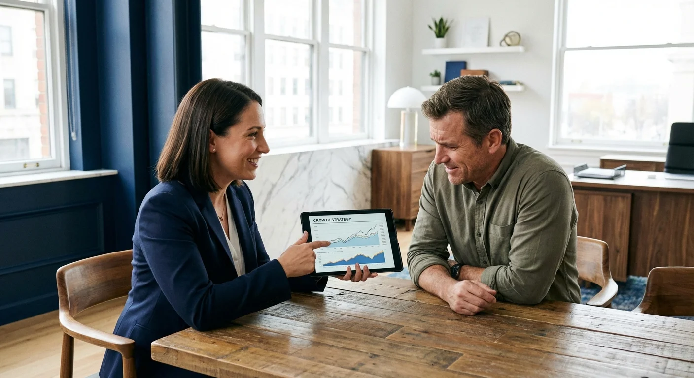 A financial advisor showing a tablet to a client in a modern, bright office.