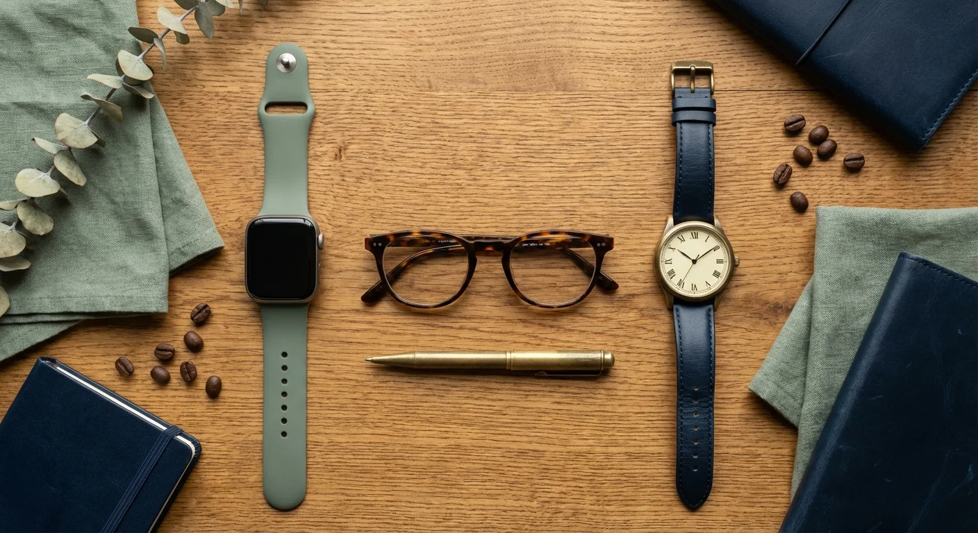 A flat-lay comparison of a modern smartwatch and a classic watch on a wooden table.