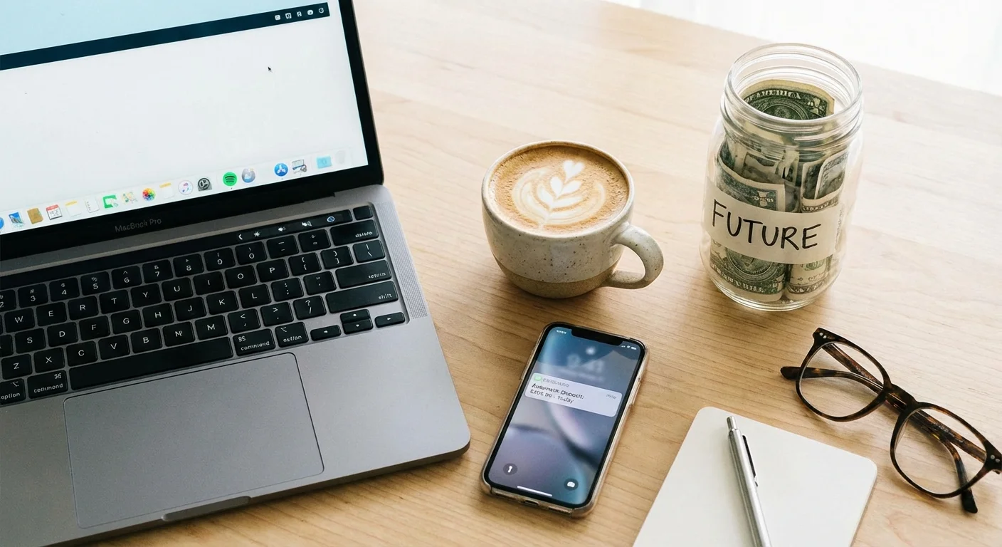 A flat-lay of a workspace with a phone notification for an automatic savings deposit.