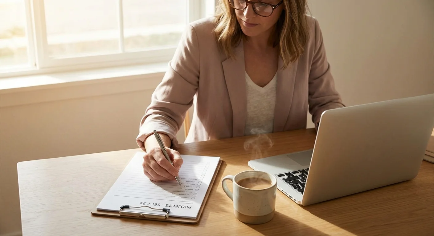 A focused professional reviewing an organized checklist in a bright, sunlit home office.