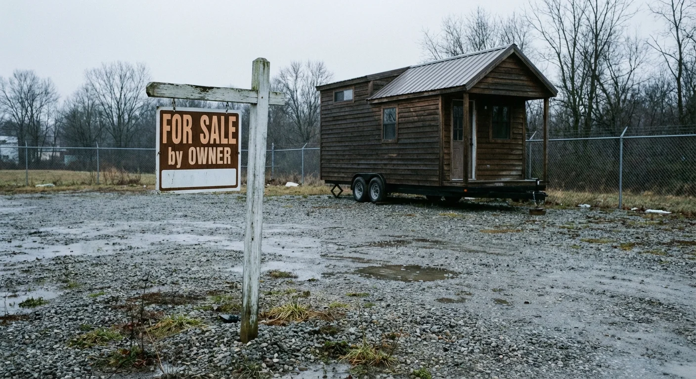 A for sale sign in front of a tiny house on wheels.