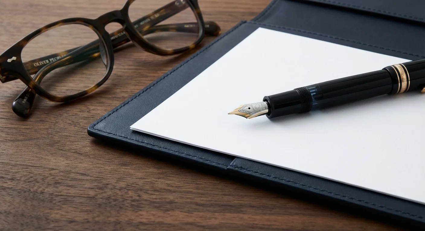 A fountain pen and glasses on a document folder, representing tax filing.
