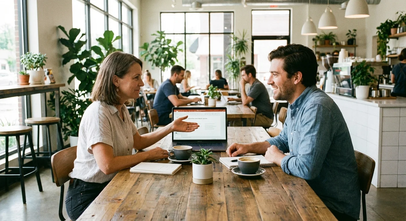 A friendly meeting between two people discussing financial plans in a bright cafe.