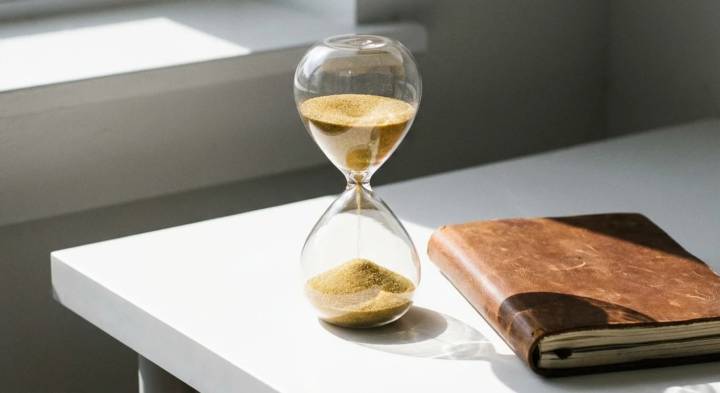A glass hourglass with golden sand on a minimalist white desk.
