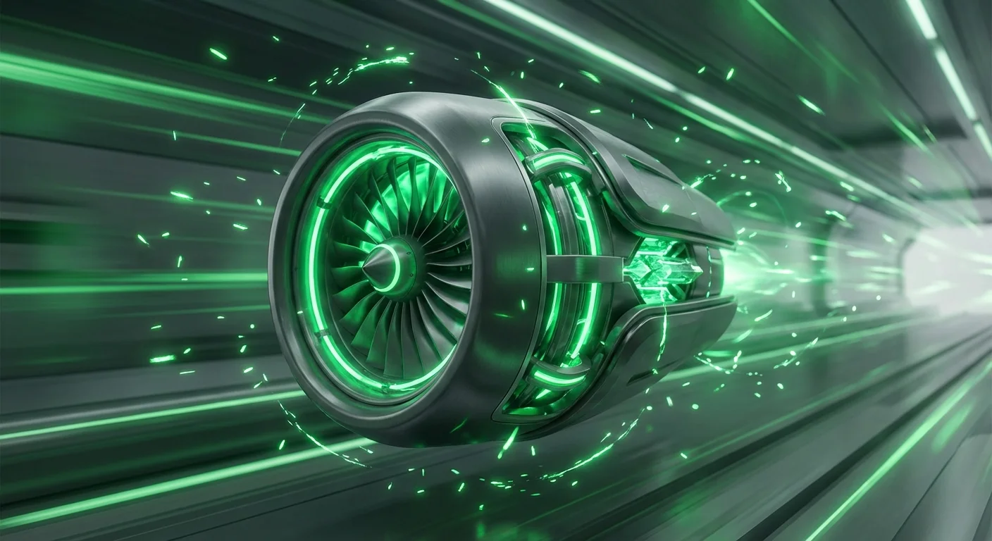 A glowing emerald green 3D engine representing the growth energy of small-cap stocks.