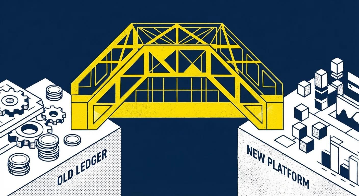 A golden bridge connecting two financial ledgers, symbolizing Medigap insurance.