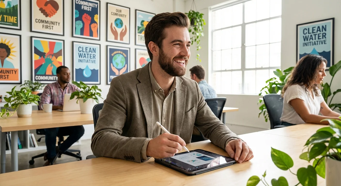 A graphic designer working at a laptop in a modern nonprofit office environment.