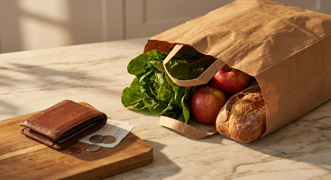 A grocery bag and wallet on a counter, symbolizing the rising cost of everyday goods.