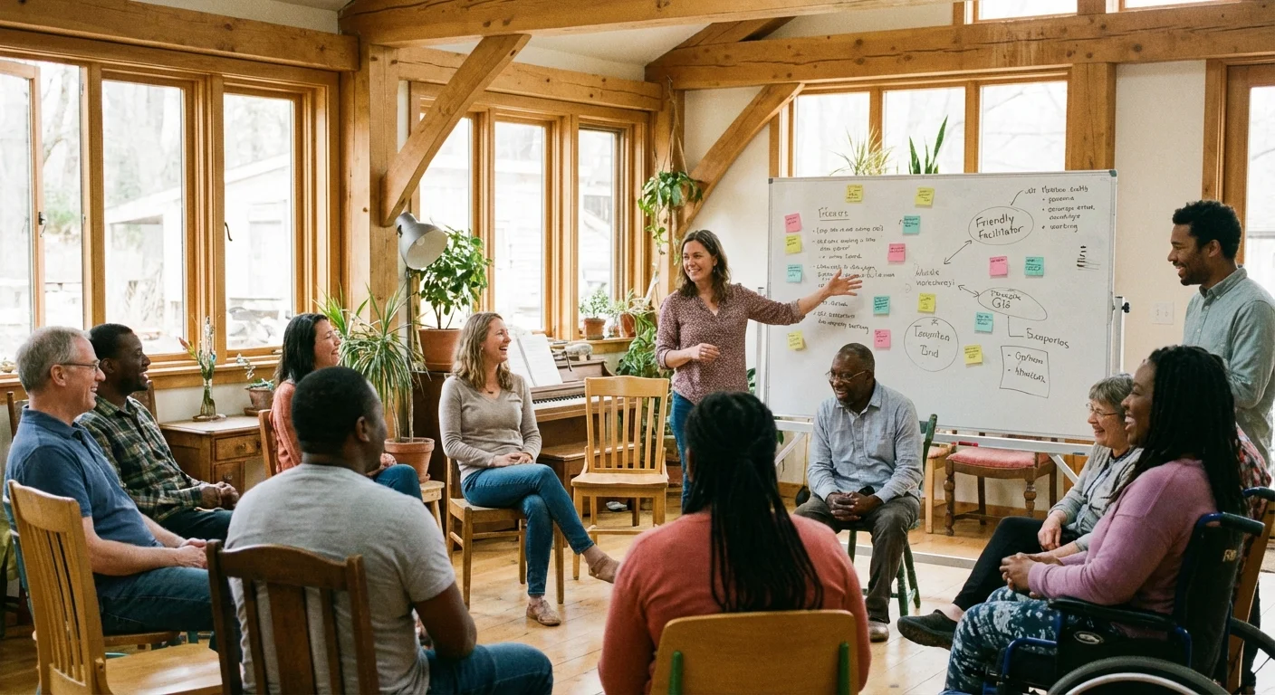A group of people in a bright community workshop discussing financial topics.