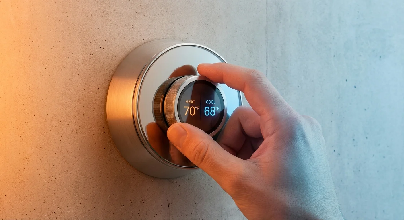 A hand adjusting a home thermostat, symbolizing control over heating and cooling costs.