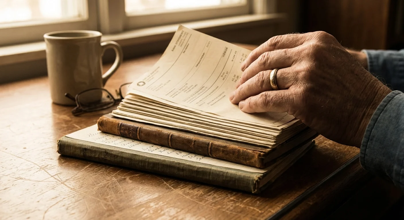 A hand browsing through organized financial records and historical documents.