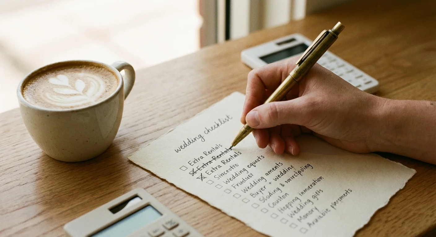 A hand crossing out unnecessary wedding expenses on a paper list.
