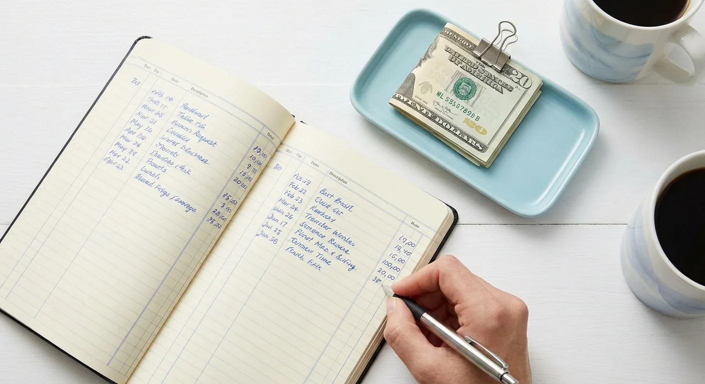 A hand writing in a financial planner next to a small stack of bills, illustrating the concept of monthly payment smoothing.