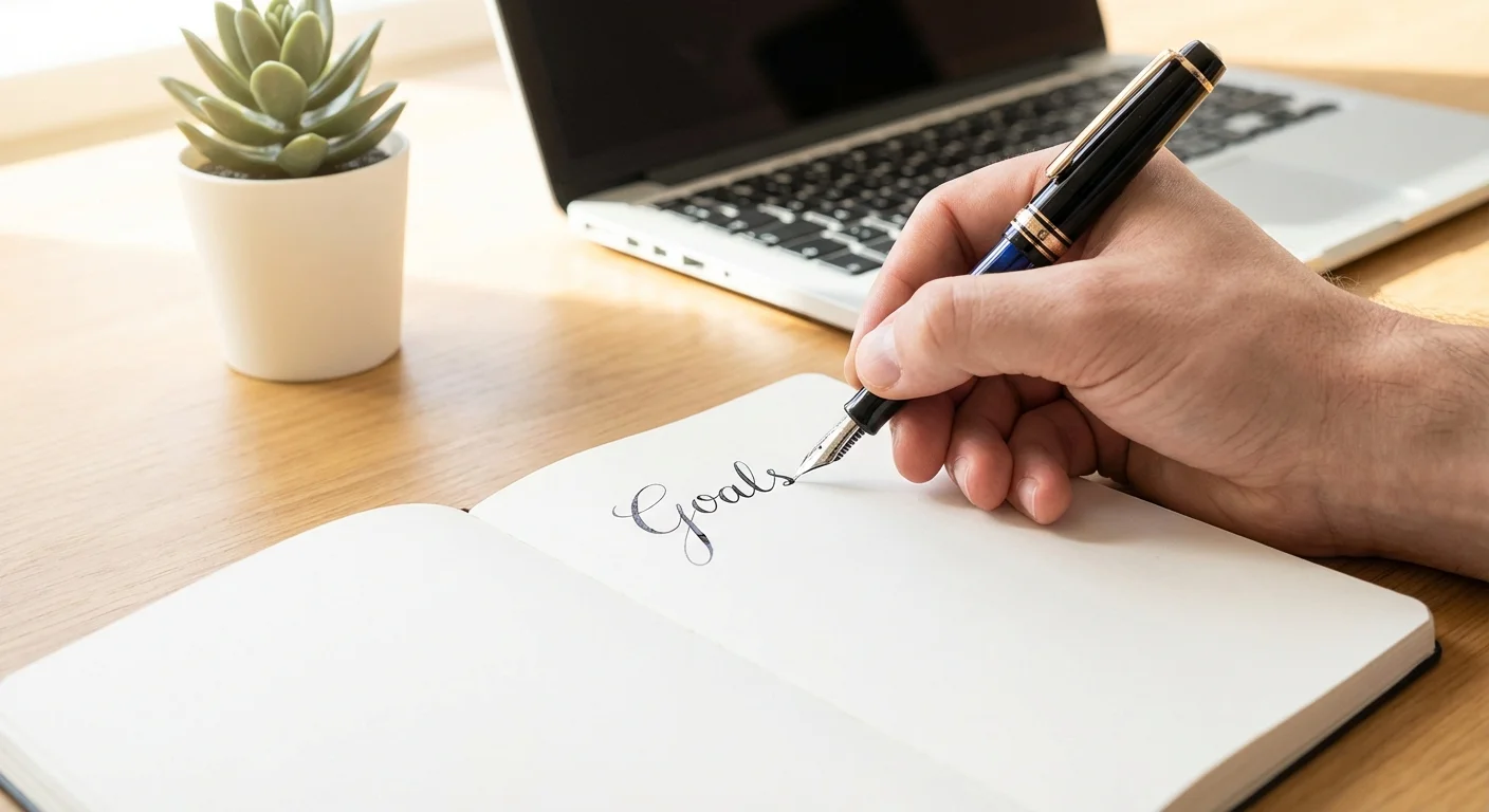 A hand writing in a notebook, symbolizing taking action on a financial plan.