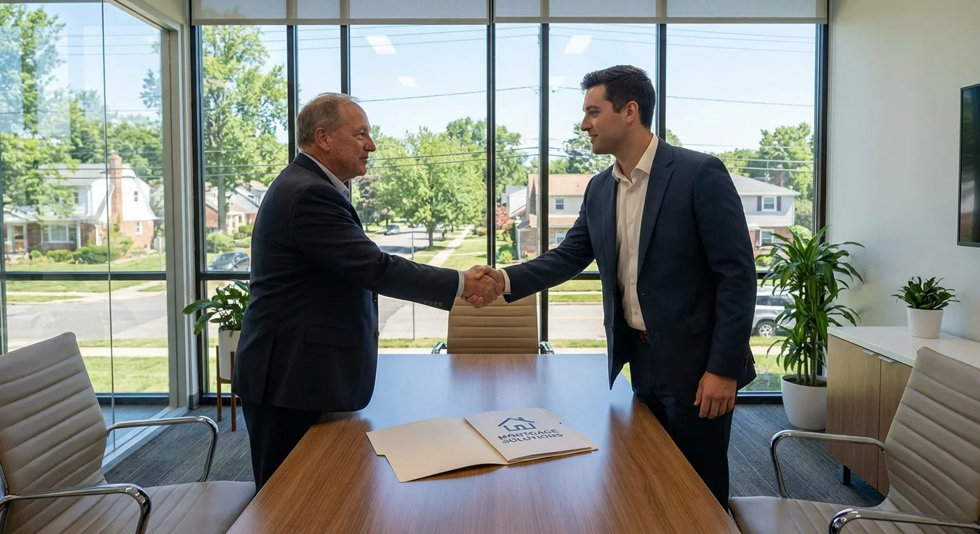 A handshake between a financial advisor and a client in a bright office.