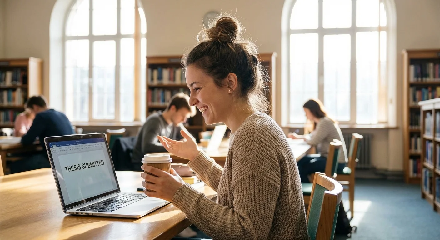 A happy student smiling at a laptop screen in a bright, modern library.